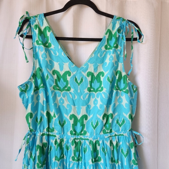 Talbots Ikat Medallion Tiered Teal Green Cotton Maxi Dress Size 16P - Picture 4 of 9